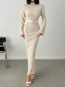 SHEIN PETITE Women's Petite Solid Color High Neck Sweater Dress - Beige - View 5