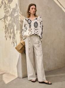 Ontre Áo thun nữ tay lỡ rộng rãi họa tiết hình học thường ngày Boho Bohemian - Màu be - Xem 7