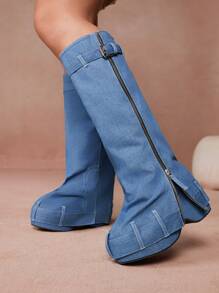 CUCCOO CURVES Plus Size Women Vintage Thick Sole Fashion Round Toe Shark Hem Belt Buckle Long Boots For Autumn/Winter