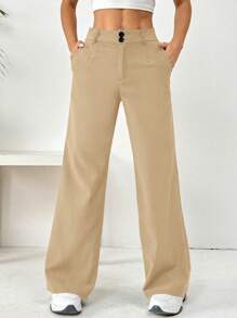 Flirla Front Button Pockets Trousers, Casual Wear For Daily Life