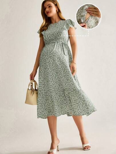 MaterniWear Ruffled Sleeve Nursing Maternity Dress