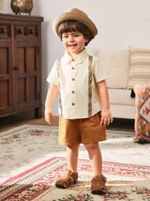 Cozy Pixies 2pcs Baby Boy Traditional Pattern Lapel Short Sleeve Cardigan Top And Elastic Waist Shorts Set - Brown - View 4