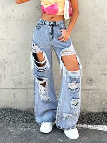 SHEIN Teen Girls Y2K Low Rised Rave 90s Ligh Washed Street Slant Pocket Ripped Cut Out Baggy Straight Leg Jeans,Vacation Outfits Girls - Light Wash - View 6