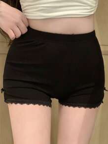 DAZY Women's Knit Ribbed Fabric With Lace Trim Slit Design Shorts - Black - View 6