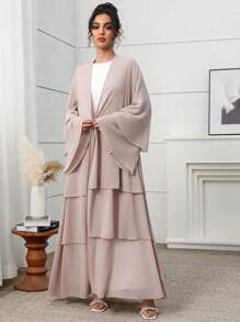 Al Najma Tiered Layered Design Maxi Abaya: Elegant Women Summer Long Bell Sleeves Self-Tie Waist Chic Modest Robe - Grey - View 4