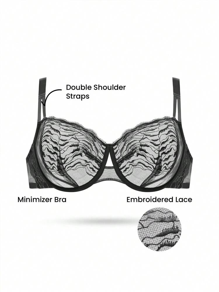 Lencería de mujer para salón, con curvas, push up y sujetador balconette con aros, elegante y con encaje, respirable y sexy, sin forro, de malla, elegante y cómoda en color negro