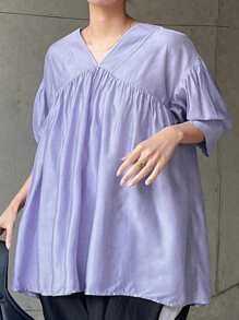 FRIFUL Women's V-Neck Puff Sleeve Blouse, Purple, Summer Clothing,Ruffle