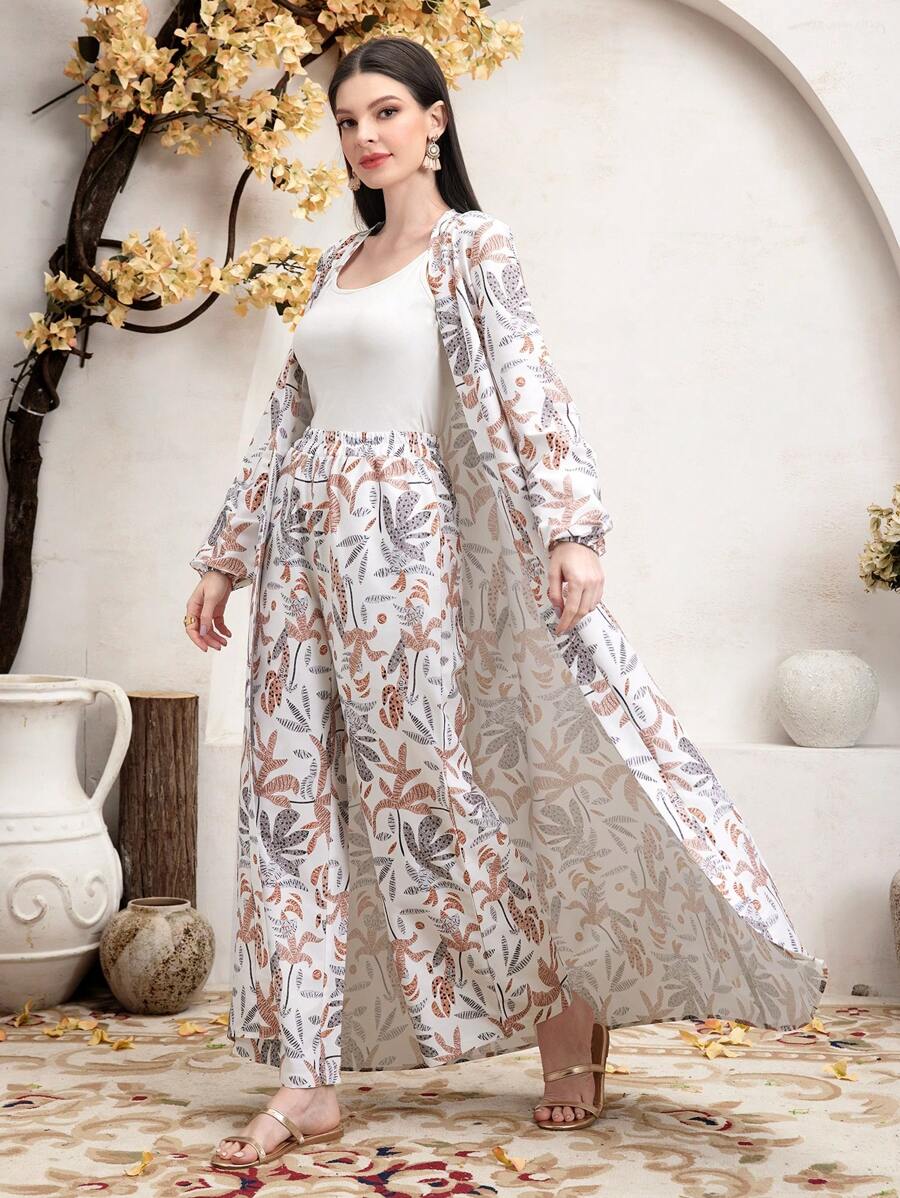 Mulvari 2pcs/Set Women Botanical Print Long Sleeve Robe & Pants Set - Multicolor - View 1
