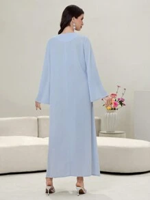 Yasmyna V-Neck Loose Fashion Long Robe Dress, Elegant Embroidery Design Front, Fashionable And Graceful Women Long Arabic Robe - Blue - View 6