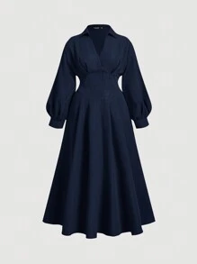 SHEIN MOD Robe taille haute à couture arête de poisson grande taille - Bleu marine - Voir 1