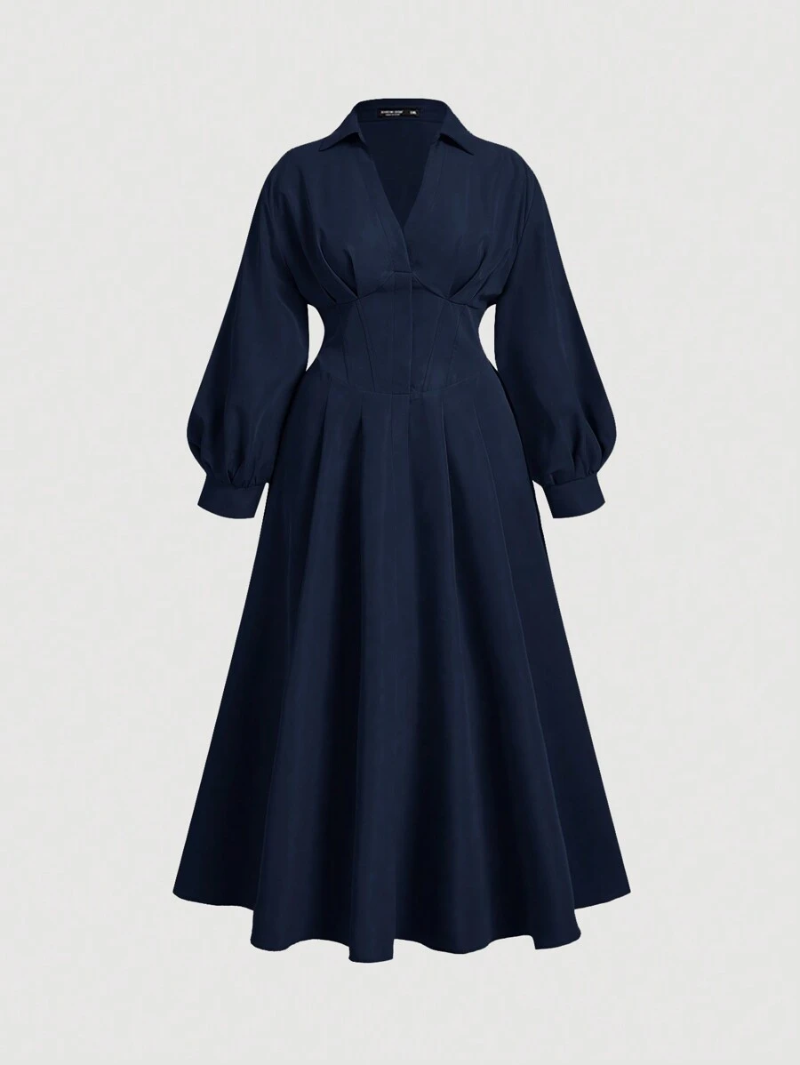SHEIN MOD Robe taille haute à couture arête de poisson grande taille - Bleu marine - Voir 1