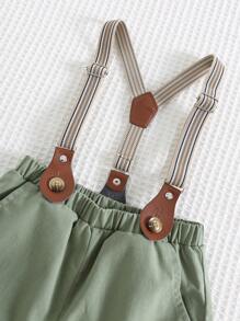 Cozy Pixies 2pcs Baby Boy Plants Print Collar Short Sleeve Shirt And Bib Shorts Suit Set