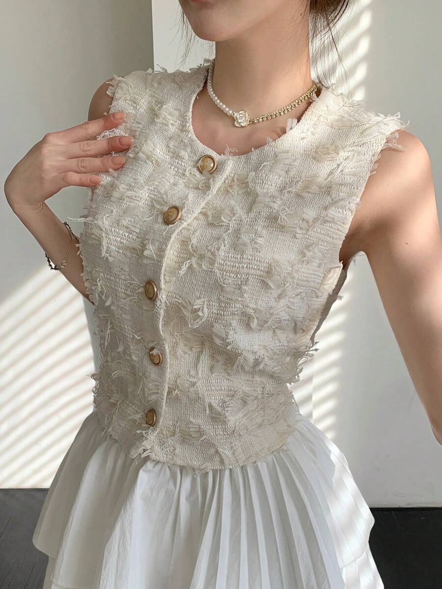 DAZY 1 件女式无袖流苏毛茸茸背心，约会之夜外出上衣 - 米色 - 查看 1