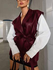 Aveloria Modichic 纯色复古 PU 皮革简约 OL 商务风格翻领收腰系带无袖背心夹克