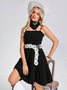 SHEIN LUNE Váy ngắn xếp lớp màu đen dành cho nữ, trang phục đi nghỉ, xuân/hè - màu đen - Xem 4