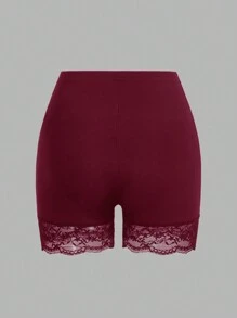 SHEIN Essnce 2 件女式加大码蕾丝拼布短款紧身裤 - 酒紅色 - 查看 5