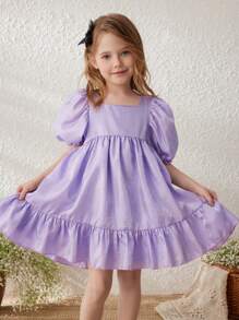 Blossori Young Girls' Purple Elegant Smocked Waist A-Line Puff Sleeve Woven Dress, Spring/Summer - Purple - View 4