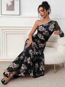 Modelyn Women's Elegant Floral All-Over Print Asymmetric Neck Long Sleeve Dress - Multicolor - View 5