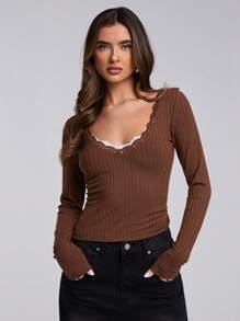 SHEIN BAE Vrouwen lente en zomer Franse kant V-hals, bruin gebreide top met lange mouwen, geschikt voor dagelijks woon-werkverkeer, kantoorkleding, kleding in oude geldstijl, - Bruin - Bekijken 6