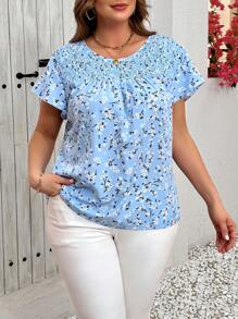 SHEIN Clasi 大码女式碎花沙滩装短袖纽扣衬衫 - 藍色 - 查看 5