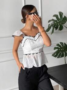 SHEIN Frenchy Women Floral Trim Cap Sleeve & Hem Blouse Summer Casual - Black and White - View 5