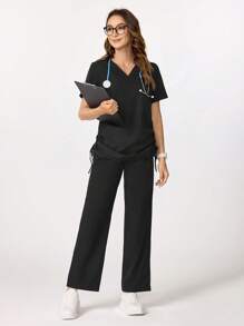 TaskEZ V-Neck Drawstring Short Sleeve Top And Pants /Nursing Scrub Uniform Set - Black - View 3