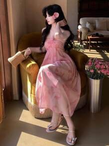 DAZY 女式全花卉印花中长领系带休闲连衣裙太阳裙