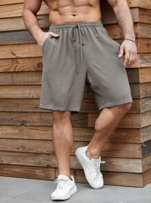 Manfinity Homme Plus Size Men's Solid Color Front Tie Pocket Casual Shorts