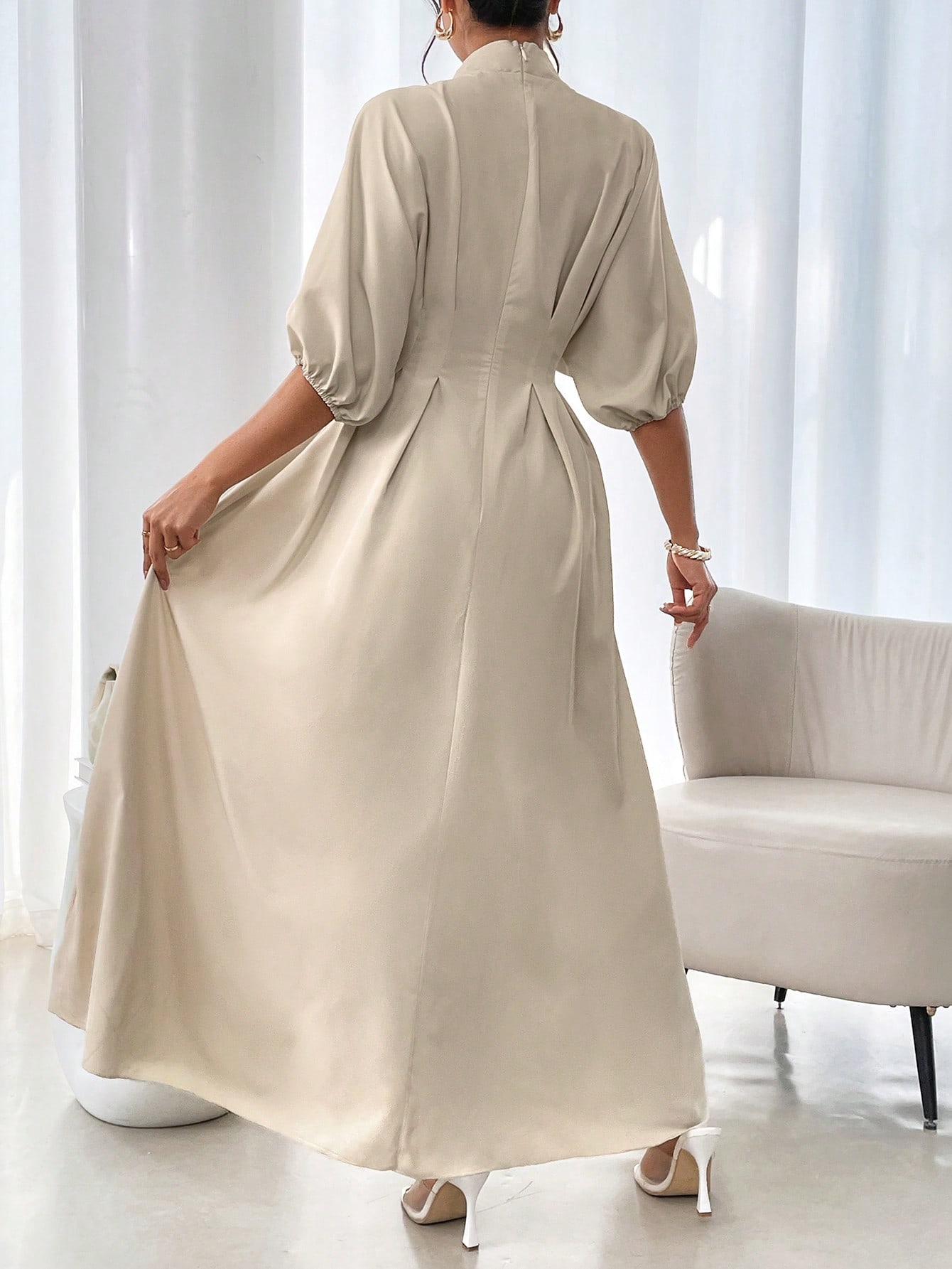 Rafferiza فستان طويل أنيق للنساء بياقة مستديرة فضف...