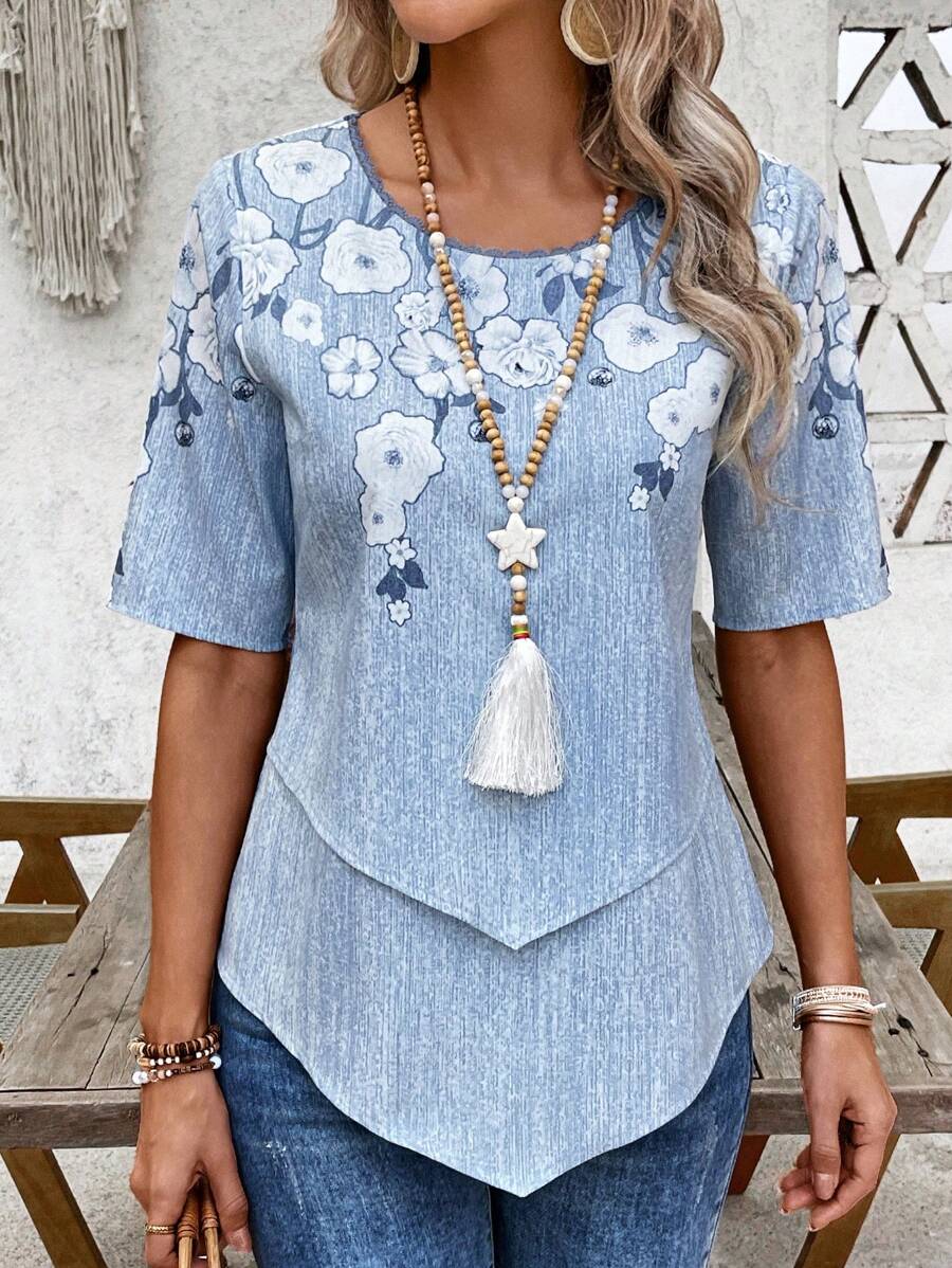 EMERY ROSE Áo cánh tay ngắn họa tiết hoa giản dị dành cho kỳ nghỉ của phụ nữ - Màu xanh lam - Xem 1