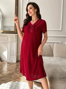 Women's Casual Heart Print Half-Zip Pieced Ruffle Hem Nightgown - Burgundy - View 5