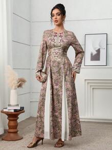 Yasmyna 女士花卉提花圆领长袖优雅阿拉伯风格 Jalabiya 连衣裙 女士连衣裙 优雅女士正式、端庄 - 彩色 - 查看 4