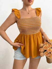 Flirla Plus Size Women's Boho Solid Color Patchwork Minimalist Casual Blouse, For Summer - Yellow - View 3