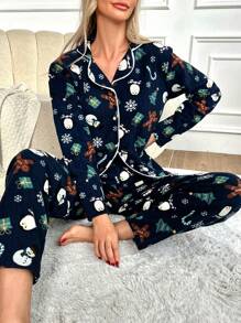 SHEIN Cottnline Christmas Print Contrast Piping Lounge Set - Blue - View 6