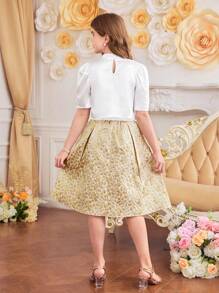 Tween Girls 2 Pieces Set: Satin Puff Sleeve Blouse + Jacquard Mini Skirt - White - View 2