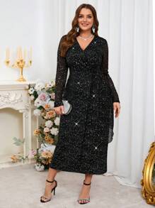 SHEIN Clasi Plus Size Women's Black Shiny V-Neck Elegant Hip Hugging Long Sleeved Dress, Spring/Summer Dresses For Women,Vacation Outfits Woman,Going Out Outfits,Valentine's Day,Summer Outfits For Women - Black - View 3