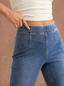 WESTFADE 高腰舒适弹力腰部超弹力提拉紧身牛仔裤女牛仔 - 中等水洗藍 - 查看 2