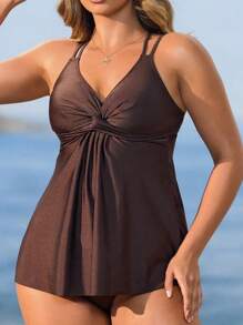 Swim Lushoire Swim Lushore Beach Outfits For Women Summer Solid Color Twist Front Ruffle Trim High Waist Tankini Two Pieces Swimwear - Coffee Brown - View 3