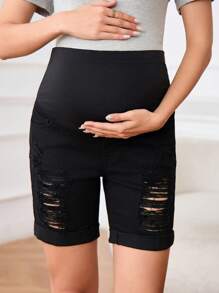 SHEIN Maternity Casual Solid High Waist Ripped Denim Shorts - Black - View 1