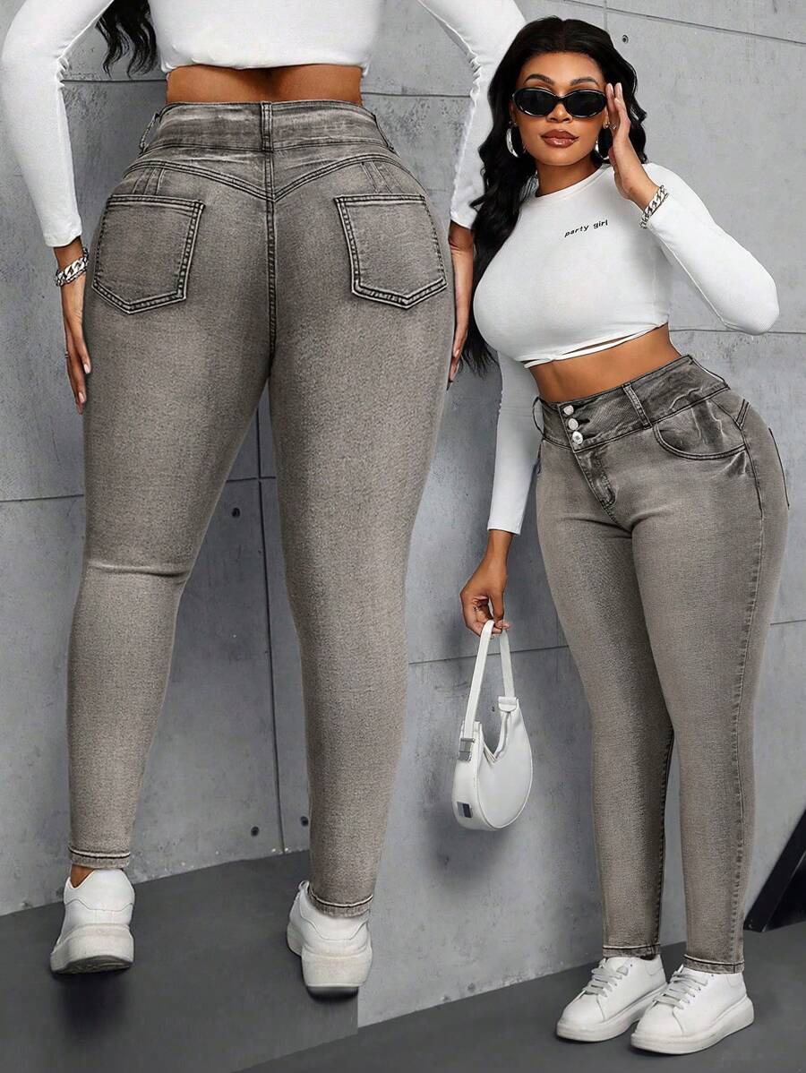 SHEIN SXY Jeans skinny de cintura alta con bolsillos decorados talla grande