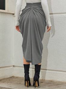 RueChic 女士纯色褶皱简约 A 字裙，休闲度假 - 灰色 - 查看 2
