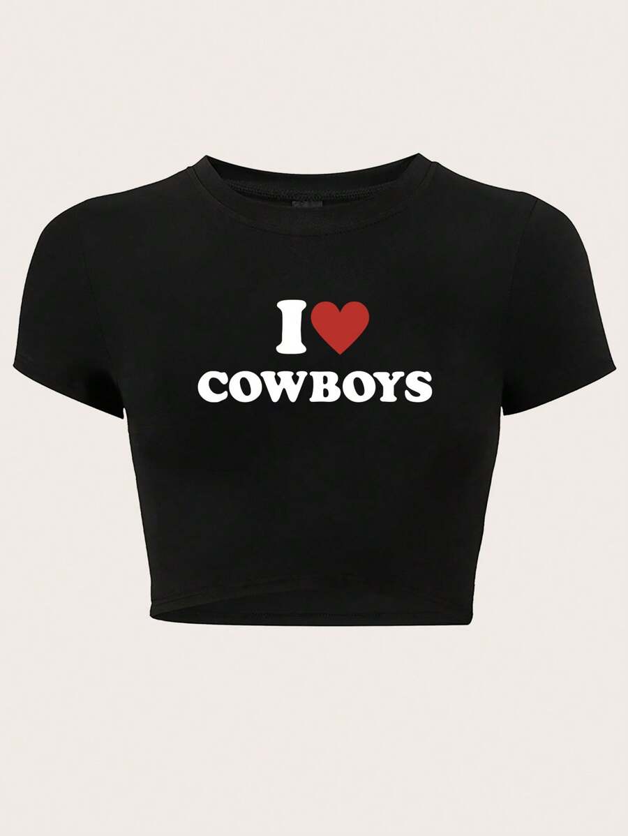 SHEIN Unity 心形与字母印花短款修身 T 恤 I Love COWBOYS - 黑色 - 查看 1