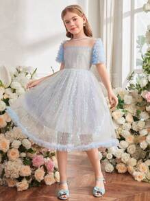 Vestido de princesa elegante, luxuoso e adorável com decoração de malha e lantejoulas para meninas pré-adolescentes - Azul - Ver 6