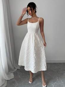 Elenzga Boho Style Apricot Color Textured Floral Print Spaghetti Strap Wide A-Line Dress, Spring/Summer Resort