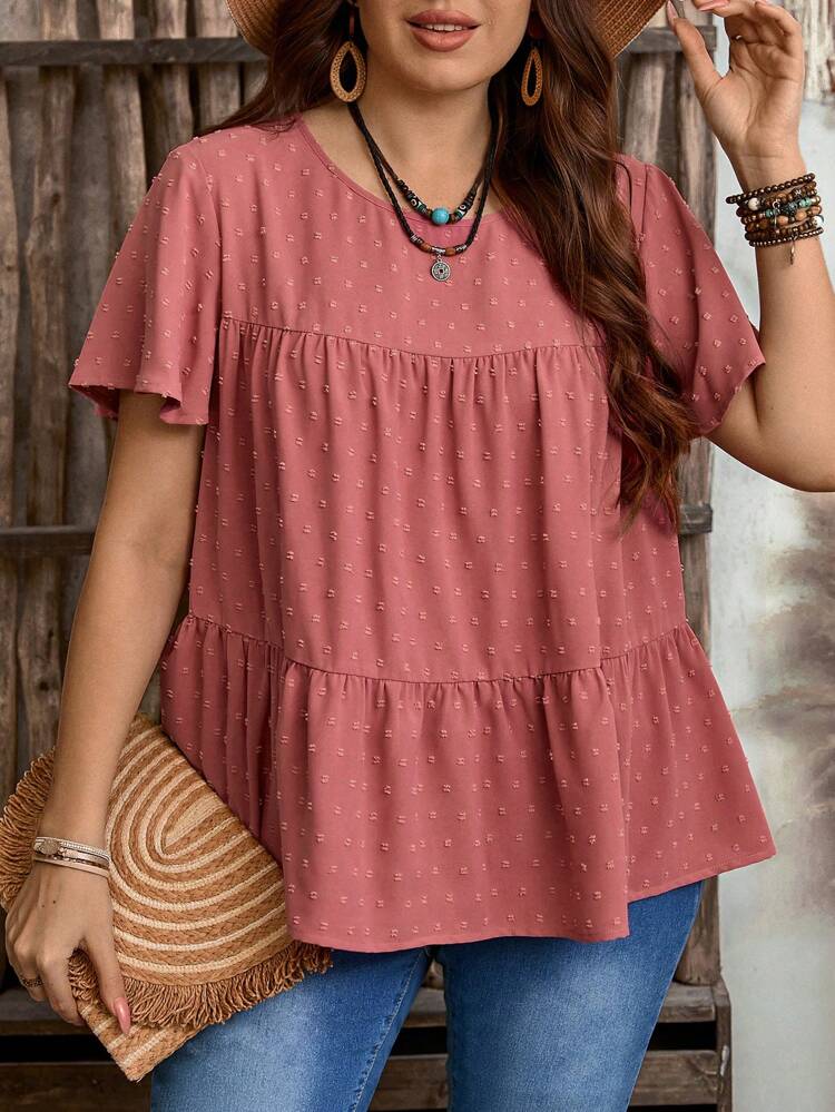 Plus Size Women's Solid Color Round Neck Ruffle Short Sleeve Loose Blouse, Boho For Women, Summer, Western Wear Women, Vacation Woman, Spring