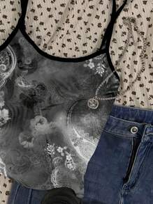 SHEIN EZwear 女士休闲水墨画图案性感吊带背心，适合夏季 - 白色 - 查看 4
