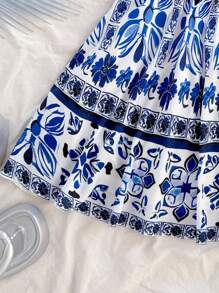 Soleia Vestido mini con tirantes y espalda descubierta con estampado de patrones, estilo vacacional versátil