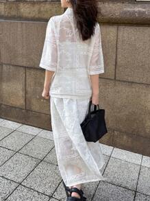 FRIFUL Set de 2 piezas con chaqueta y falda para mujer con bordado y calado - Blanco - Ver 6