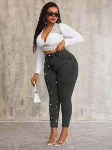SHEIN SXY Pantalones vaqueros azules elásticos con decoración de perlas, para tallas grandes