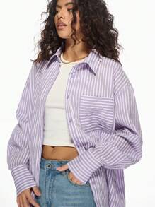 MISSGUIDED Oversized Button Down Striped Shirt Long Sleeve Casual Loose Fit Boyfriend Style Top Spring Summer Fashion Streetwear